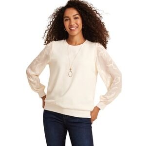 Maurices Cream Embroidered Sheer Sleeve Sweatshirt Top Size M